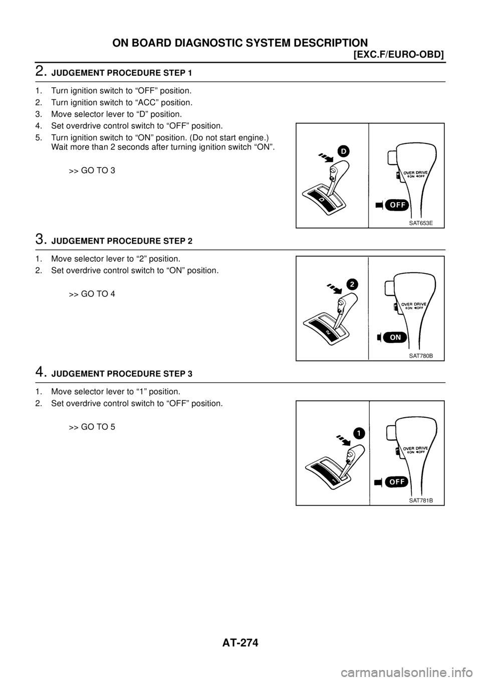 NISSAN X-TRAIL 2003  Electronic Repair Manual AT-274
[EXC.F/EURO-OBD]
ON BOARD DIAGNOSTIC SYSTEM DESCRIPTION
2.JUDGEMENT PROCEDURE STEP 1
1. Turn ignition switch to “OFF” position.
2. Turn ignition switch to “ACC” position.
3. Move select
