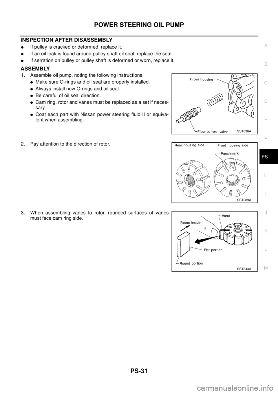 NISSAN X-TRAIL 2003  Electronic Repair Manual POWER STEERING OIL PUMP
PS-31
C
D
E
F
H
I
J
K
L
MA
B
PS
INSPECTION AFTER DISASSEMBLY
lIf pulley is cracked or deformed, replace it.
lIf an oil leak is found around pulley shaft oil seal, replace the s