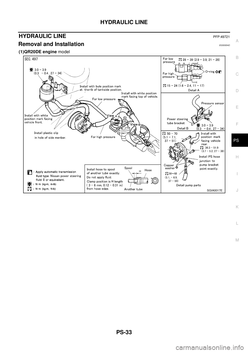 NISSAN X-TRAIL 2003  Electronic Repair Manual HYDRAULIC LINE
PS-33
C
D
E
F
H
I
J
K
L
MA
B
PS
HYDRAULIC LINEPFP:49721
Removal and InstallationEGS0004O
(1)QR20DE enginemodel
SGIA0017E 