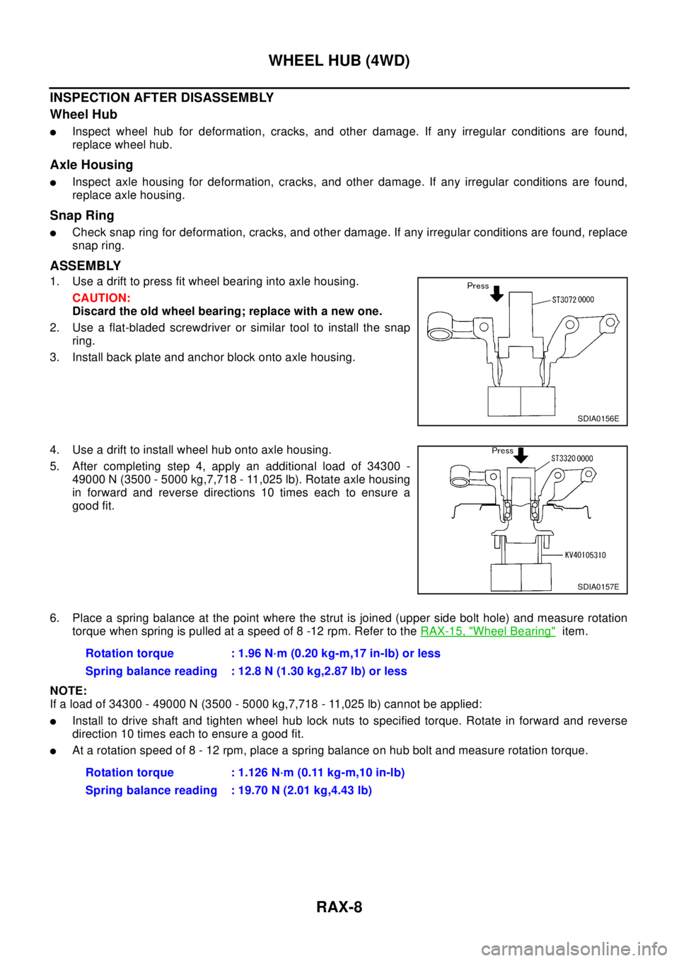 NISSAN X-TRAIL 2003 Electronic Repair Manual RAX-8
WHEEL HUB (4WD)
INSPECTION AFTER DISASSEMBLY
Wheel Hub
lInspect wheel hub for deformation, cracks, and other damage. If any irregular conditions are found,
replace wheel hub.
Axle Housing
lInspe NISSAN X-TRAIL 2003 Electronic Repair Manual RAX-8
WHEEL HUB (4WD)
INSPECTION AFTER DISASSEMBLY
Wheel Hub
lInspect wheel hub for deformation, cracks, and other damage. If any irregular conditions are found,
replace wheel hub.
Axle Housing
lInspe