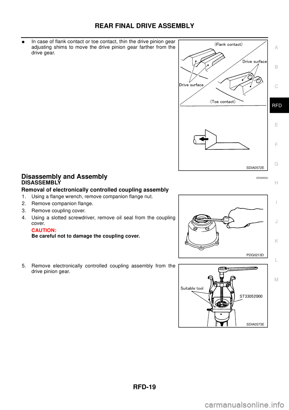 NISSAN X-TRAIL 2003 Electronic Repair Manual REAR FINAL DRIVE ASSEMBLY
RFD-19
C
E
F
G
H
I
J
K
L
MA
B
RFD
lIn case of flank contact or toe contact, thin the drive pinion gear
adjusting shims to move the drive pinion gear farther from the
drive ge NISSAN X-TRAIL 2003 Electronic Repair Manual REAR FINAL DRIVE ASSEMBLY
RFD-19
C
E
F
G
H
I
J
K
L
MA
B
RFD
lIn case of flank contact or toe contact, thin the drive pinion gear
adjusting shims to move the drive pinion gear farther from the
drive ge