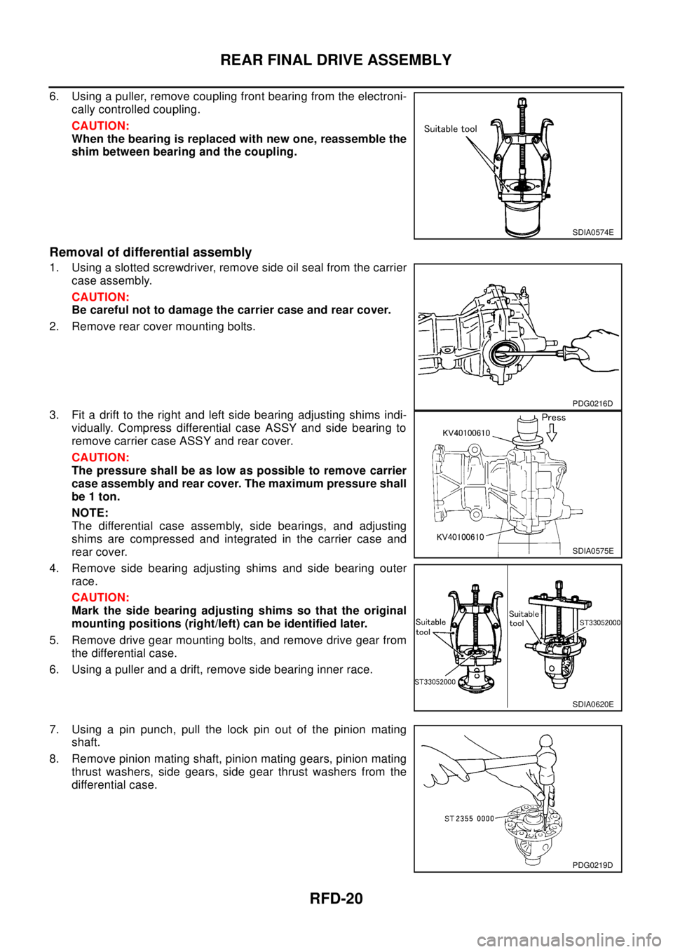 NISSAN X-TRAIL 2003 Electronic Repair Manual RFD-20
REAR FINAL DRIVE ASSEMBLY
6. Using a puller, remove coupling front bearing from the electroni-
cally controlled coupling.
CAUTION:
When the bearing is replaced with new one, reassemble the
shim NISSAN X-TRAIL 2003 Electronic Repair Manual RFD-20
REAR FINAL DRIVE ASSEMBLY
6. Using a puller, remove coupling front bearing from the electroni-
cally controlled coupling.
CAUTION:
When the bearing is replaced with new one, reassemble the
shim