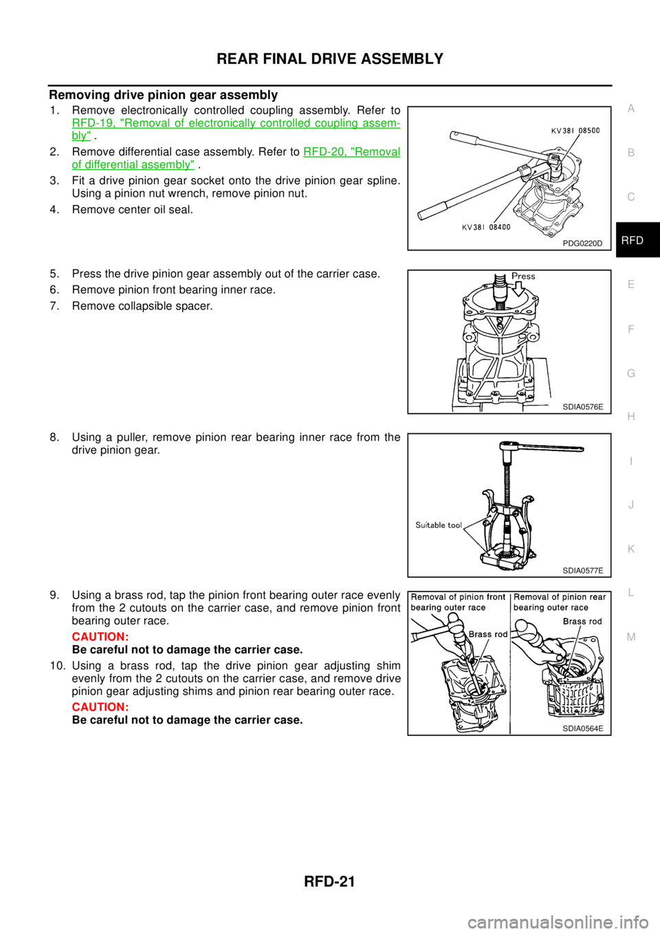 NISSAN X-TRAIL 2003 Electronic Repair Manual REAR FINAL DRIVE ASSEMBLY
RFD-21
C
E
F
G
H
I
J
K
L
MA
B
RFD
Removing drive pinion gear assembly
1. Remove electronically controlled coupling assembly. Refer to
RFD-19, "
Removal of electronically cont NISSAN X-TRAIL 2003 Electronic Repair Manual REAR FINAL DRIVE ASSEMBLY
RFD-21
C
E
F
G
H
I
J
K
L
MA
B
RFD
Removing drive pinion gear assembly
1. Remove electronically controlled coupling assembly. Refer to
RFD-19, "
Removal of electronically cont