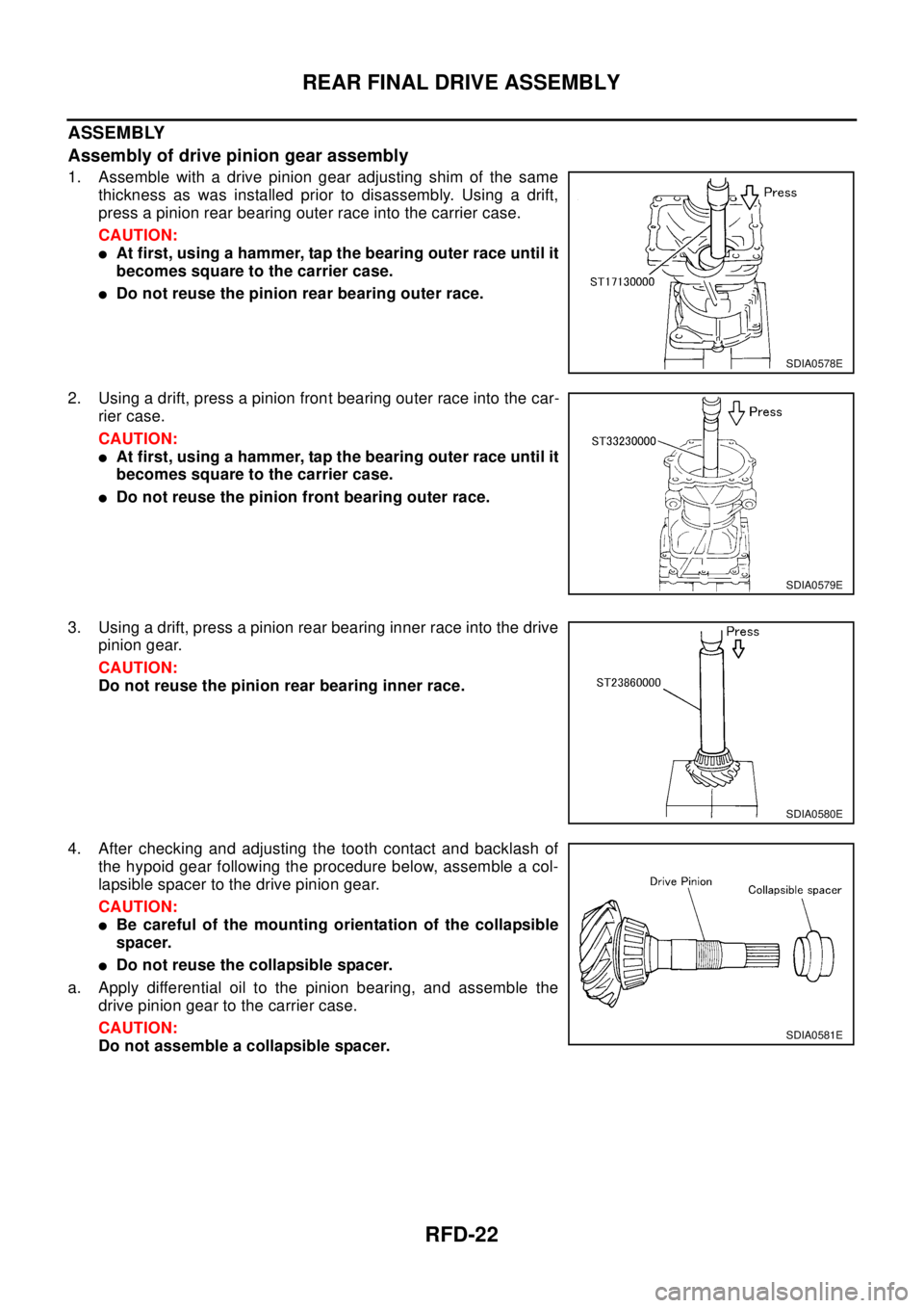 NISSAN X-TRAIL 2003 Electronic Repair Manual RFD-22
REAR FINAL DRIVE ASSEMBLY
ASSEMBLY
Assembly of drive pinion gear assembly
1. Assemble with a drive pinion gear adjusting shim of the same
thickness as was installed prior to disassembly. Using NISSAN X-TRAIL 2003 Electronic Repair Manual RFD-22
REAR FINAL DRIVE ASSEMBLY
ASSEMBLY
Assembly of drive pinion gear assembly
1. Assemble with a drive pinion gear adjusting shim of the same
thickness as was installed prior to disassembly. Using