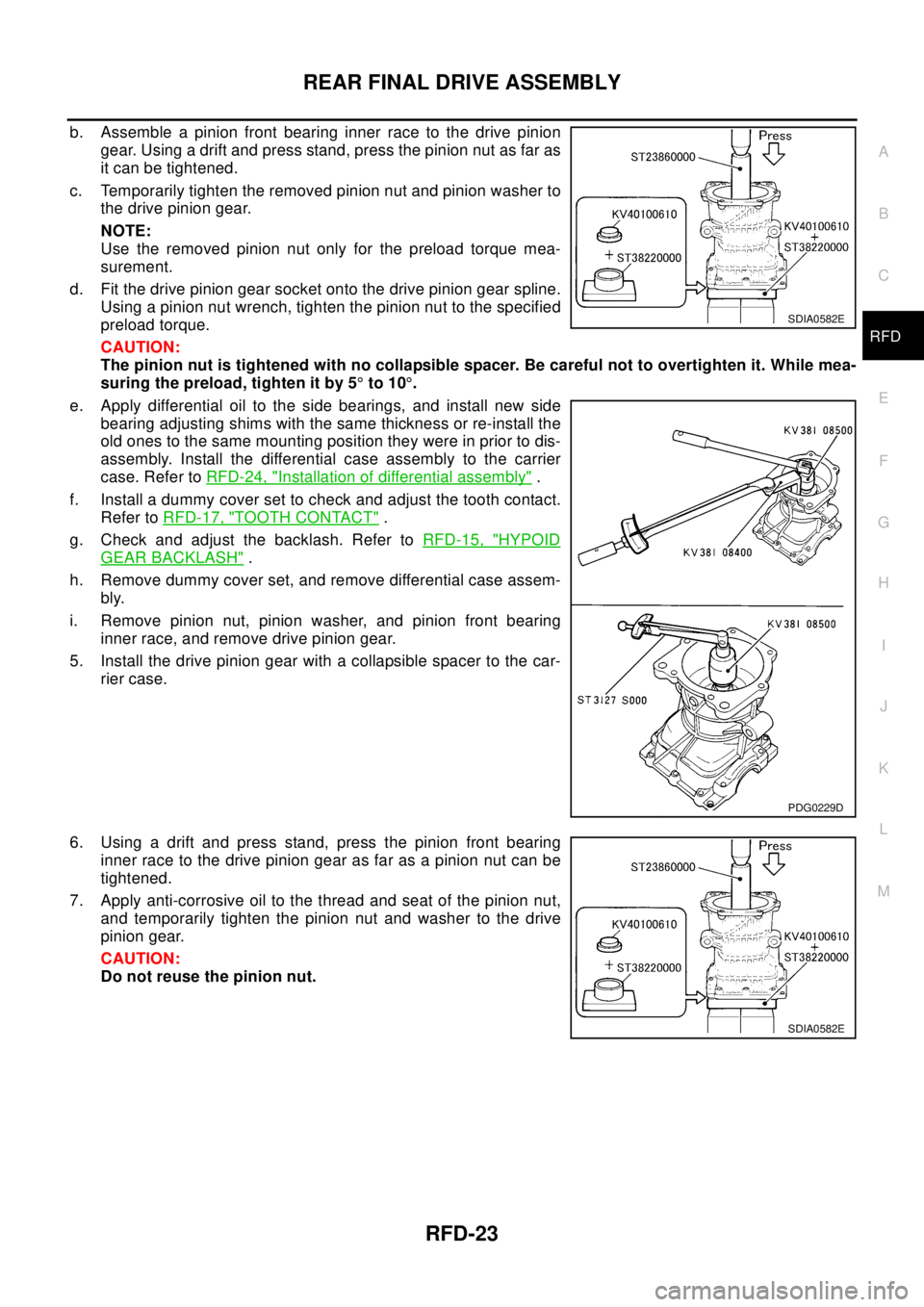 NISSAN X-TRAIL 2003 Electronic Repair Manual REAR FINAL DRIVE ASSEMBLY
RFD-23
C
E
F
G
H
I
J
K
L
MA
B
RFD
b. Assemble a pinion front bearing inner race to the drive pinion
gear. Using a drift and press stand, press the pinion nut as far as
it can NISSAN X-TRAIL 2003 Electronic Repair Manual REAR FINAL DRIVE ASSEMBLY
RFD-23
C
E
F
G
H
I
J
K
L
MA
B
RFD
b. Assemble a pinion front bearing inner race to the drive pinion
gear. Using a drift and press stand, press the pinion nut as far as
it can