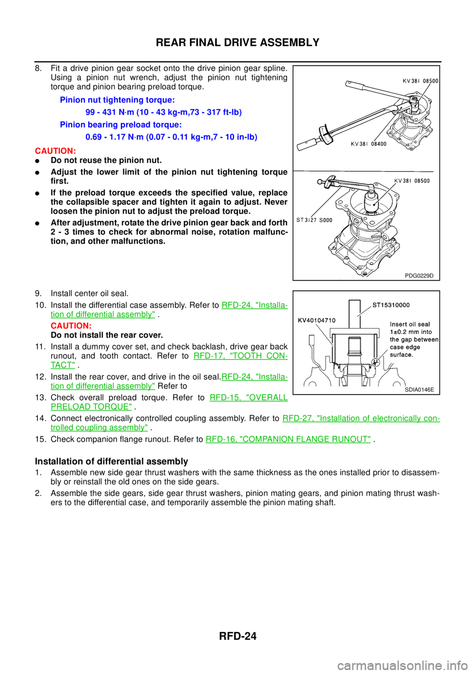 NISSAN X-TRAIL 2003 Electronic Repair Manual RFD-24
REAR FINAL DRIVE ASSEMBLY
8. Fit a drive pinion gear socket onto the drive pinion gear spline.
Using a pinion nut wrench, adjust the pinion nut tightening
torque and pinion bearing preload torq NISSAN X-TRAIL 2003 Electronic Repair Manual RFD-24
REAR FINAL DRIVE ASSEMBLY
8. Fit a drive pinion gear socket onto the drive pinion gear spline.
Using a pinion nut wrench, adjust the pinion nut tightening
torque and pinion bearing preload torq