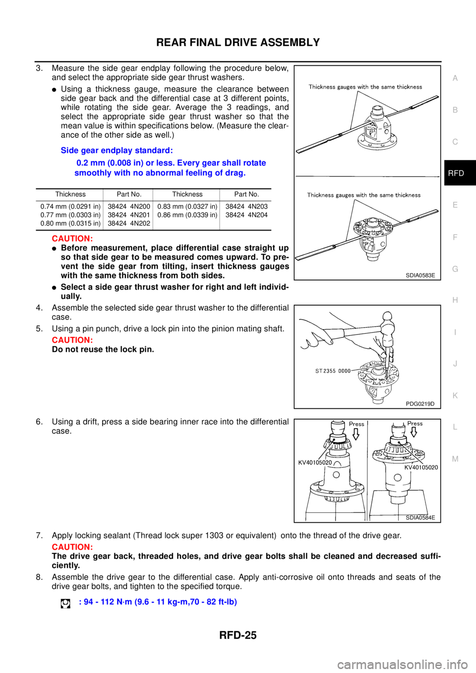 NISSAN X-TRAIL 2003 Electronic Repair Manual REAR FINAL DRIVE ASSEMBLY
RFD-25
C
E
F
G
H
I
J
K
L
MA
B
RFD
3. Measure the side gear endplay following the procedure below,
and select the appropriate side gear thrust washers.
lUsing a thickness gaug NISSAN X-TRAIL 2003 Electronic Repair Manual REAR FINAL DRIVE ASSEMBLY
RFD-25
C
E
F
G
H
I
J
K
L
MA
B
RFD
3. Measure the side gear endplay following the procedure below,
and select the appropriate side gear thrust washers.
lUsing a thickness gaug
