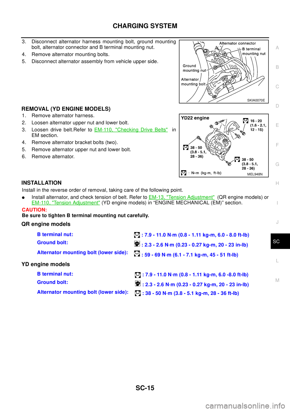 NISSAN X-TRAIL 2003 Electronic Repair Manual CHARGING SYSTEM
SC-15
C
D
E
F
G
H
I
J
L
MA
B
SC
3. Disconnect alternator harness mounting bolt, ground mounting
bolt, alternator connector and B terminal mounting nut.
4. Remove alternator mounting bo NISSAN X-TRAIL 2003 Electronic Repair Manual CHARGING SYSTEM
SC-15
C
D
E
F
G
H
I
J
L
MA
B
SC
3. Disconnect alternator harness mounting bolt, ground mounting
bolt, alternator connector and B terminal mounting nut.
4. Remove alternator mounting bo