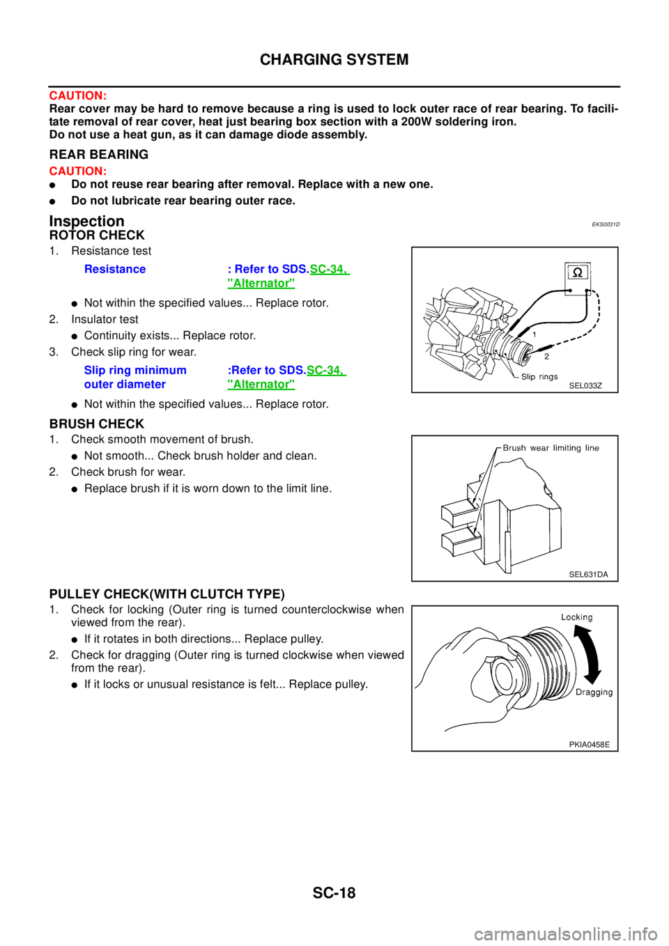 NISSAN X-TRAIL 2003 Electronic Repair Manual SC-18
CHARGING SYSTEM
CAUTION:
Rear cover may be hard to remove because a ring is used to lock outer race of rear bearing. To facili-
tate removal of rear cover, heat just bearing box section with a 2 NISSAN X-TRAIL 2003 Electronic Repair Manual SC-18
CHARGING SYSTEM
CAUTION:
Rear cover may be hard to remove because a ring is used to lock outer race of rear bearing. To facili-
tate removal of rear cover, heat just bearing box section with a 2