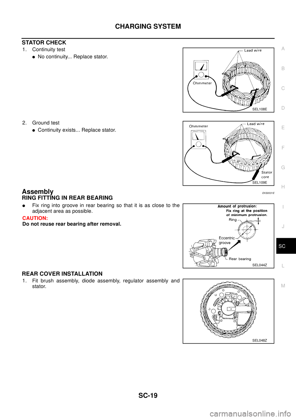 NISSAN X-TRAIL 2003  Electronic Repair Manual CHARGING SYSTEM
SC-19
C
D
E
F
G
H
I
J
L
MA
B
SC
STATOR CHECK
1. Continuity test
lNo continuity... Replace stator.
2. Ground test
lContinuity exists... Replace stator.
AssemblyEKS0031E
RING FITTING IN 