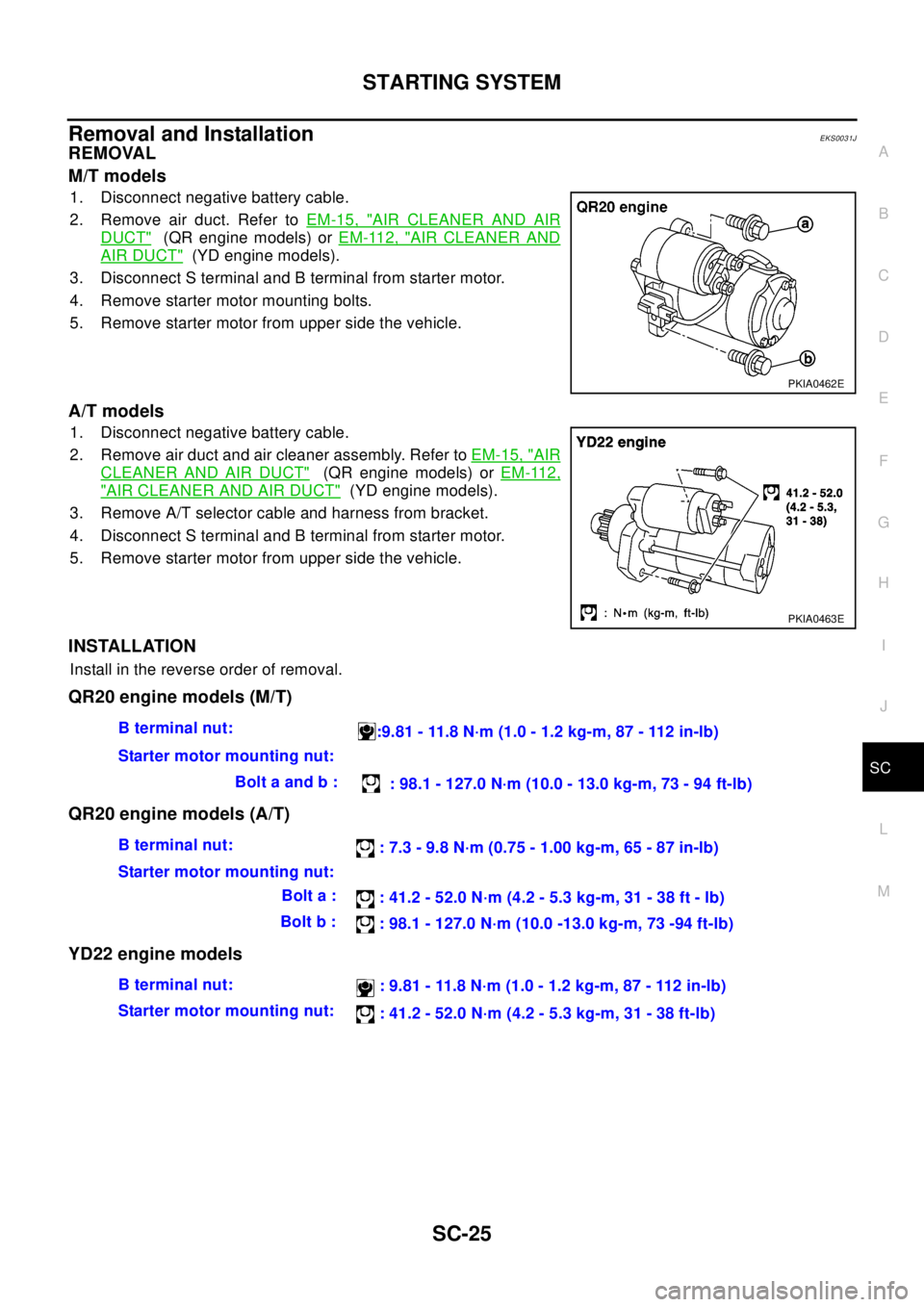 NISSAN X-TRAIL 2003 Electronic Repair Manual STARTING SYSTEM
SC-25
C
D
E
F
G
H
I
J
L
MA
B
SC
Removal and InstallationEKS0031J
REMOVAL
M/T models
1. Disconnect negative battery cable.
2. Remove air duct. Refer toEM-15, "
AIR CLEANER AND AIR
DUCT" NISSAN X-TRAIL 2003 Electronic Repair Manual STARTING SYSTEM
SC-25
C
D
E
F
G
H
I
J
L
MA
B
SC
Removal and InstallationEKS0031J
REMOVAL
M/T models
1. Disconnect negative battery cable.
2. Remove air duct. Refer toEM-15, "
AIR CLEANER AND AIR
DUCT"