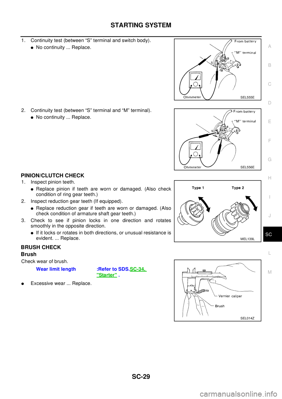 NISSAN X-TRAIL 2003 Electronic Repair Manual STARTING SYSTEM
SC-29
C
D
E
F
G
H
I
J
L
MA
B
SC
1. Continuity test (between “S” terminal and switch body).
lNo continuity ... Replace.
2. Continuity test (between “S” terminal and “M” term NISSAN X-TRAIL 2003 Electronic Repair Manual STARTING SYSTEM
SC-29
C
D
E
F
G
H
I
J
L
MA
B
SC
1. Continuity test (between “S” terminal and switch body).
lNo continuity ... Replace.
2. Continuity test (between “S” terminal and “M” term