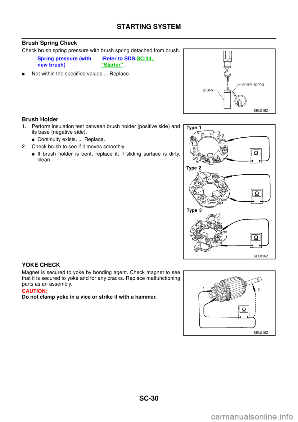 NISSAN X-TRAIL 2003 Electronic Repair Manual SC-30
STARTING SYSTEM
Brush Spring Check
Check brush spring pressure with brush spring detached from brush.
lNot within the specified values ... Replace.
Brush Holder
1. Perform insulation test betwee NISSAN X-TRAIL 2003 Electronic Repair Manual SC-30
STARTING SYSTEM
Brush Spring Check
Check brush spring pressure with brush spring detached from brush.
lNot within the specified values ... Replace.
Brush Holder
1. Perform insulation test betwee