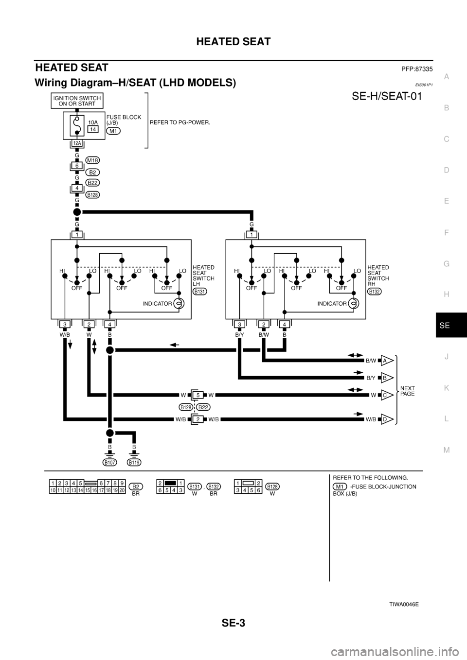 NISSAN X-TRAIL 2003 Electronic Repair Manual HEATED SEAT
SE-3
C
D
E
F
G
H
J
K
L
MA
B
SE
H E AT E D S E ATPFP:87335
Wiring Diagram–H/SEAT (LHD MODELS)EIS001P1
TIWA0046E NISSAN X-TRAIL 2003 Electronic Repair Manual HEATED SEAT
SE-3
C
D
E
F
G
H
J
K
L
MA
B
SE
H E AT E D S E ATPFP:87335
Wiring Diagram–H/SEAT (LHD MODELS)EIS001P1
TIWA0046E
