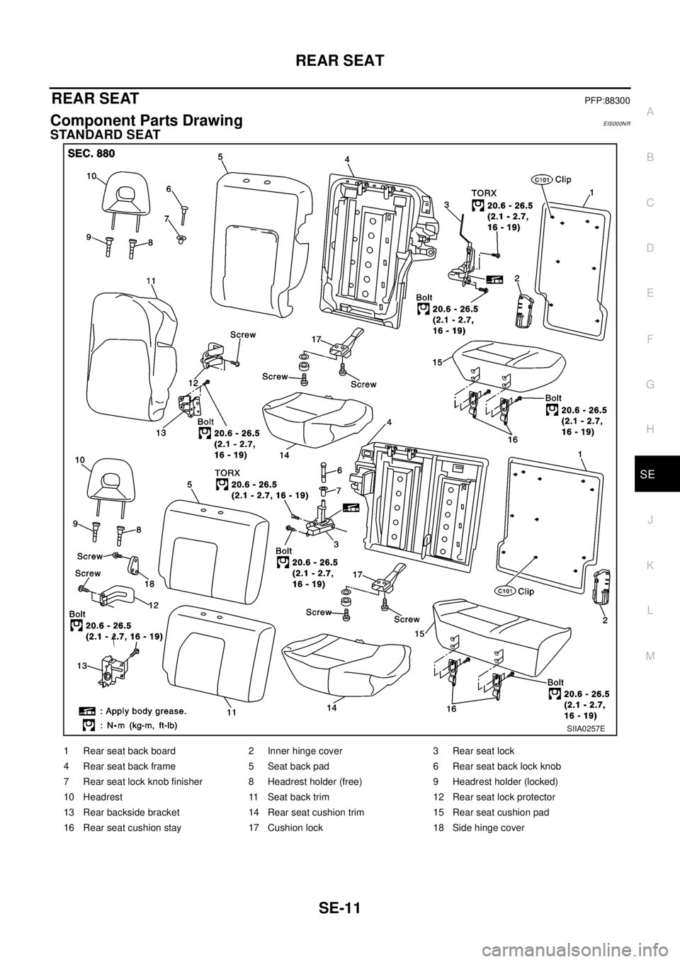 NISSAN X-TRAIL 2003  Electronic Repair Manual REAR SEAT
SE-11
C
D
E
F
G
H
J
K
L
MA
B
SE
REAR SEATPFP:88300
Component Parts DrawingEIS000NR
STANDARD SEAT
SIIA0257E
1 Rear seat back board 2 Inner hinge cover 3 Rear seat lock
4 Rear seat back frame 