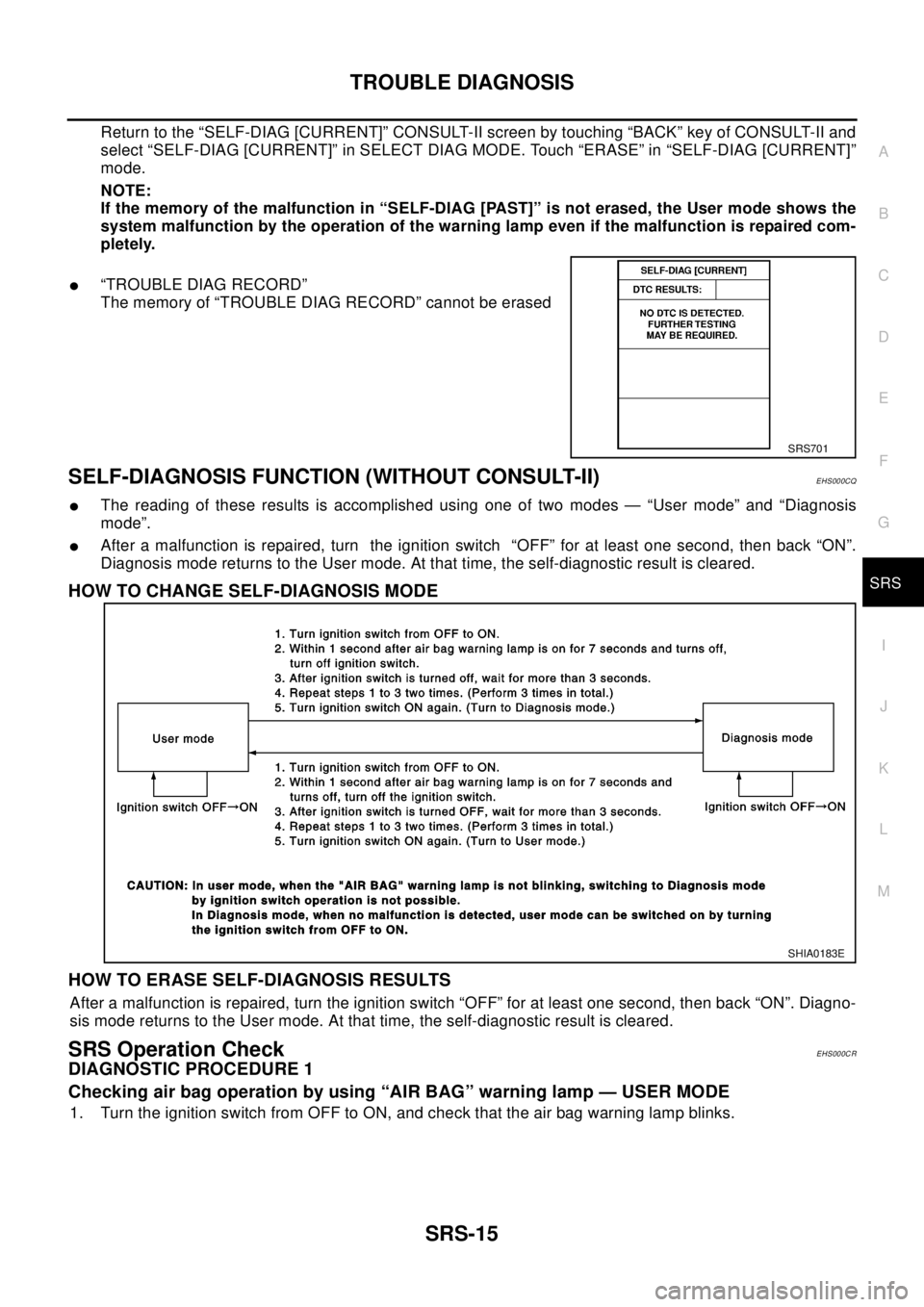 NISSAN X-TRAIL 2003  Electronic Repair Manual TROUBLE DIAGNOSIS
SRS-15
C
D
E
F
G
I
J
K
L
MA
B
SRS
Return to the “SELF-DIAG [CURRENT]” CONSULT-II screen by touching “BACK” key of CONSULT-II and
select “SELF-DIAG [CURRENT]” in SELECT DI