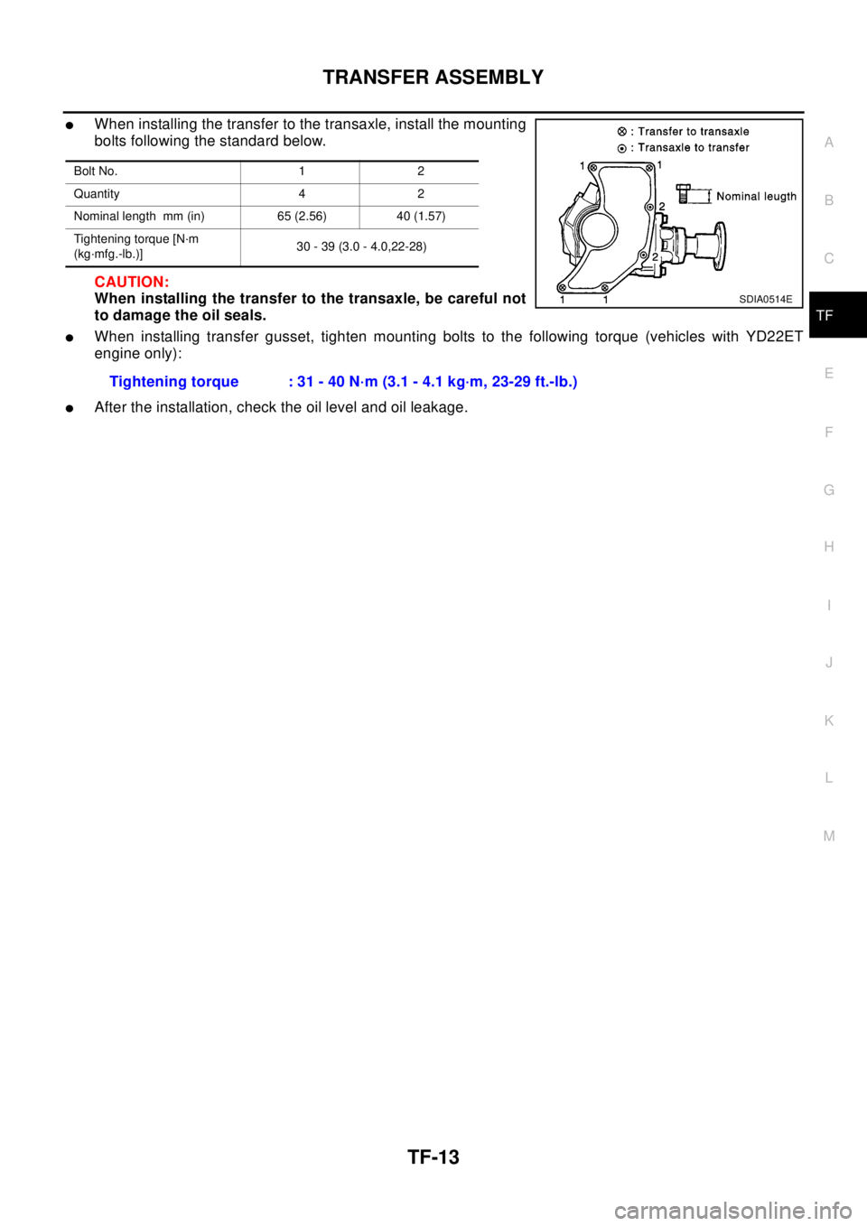NISSAN X-TRAIL 2003  Electronic Repair Manual TRANSFER ASSEMBLY
TF-13
C
E
F
G
H
I
J
K
L
MA
B
TF
lWhen installing the transfer to the transaxle, install the mounting
bolts following the standard below.
CAUTION:
When installing the transfer to the 
