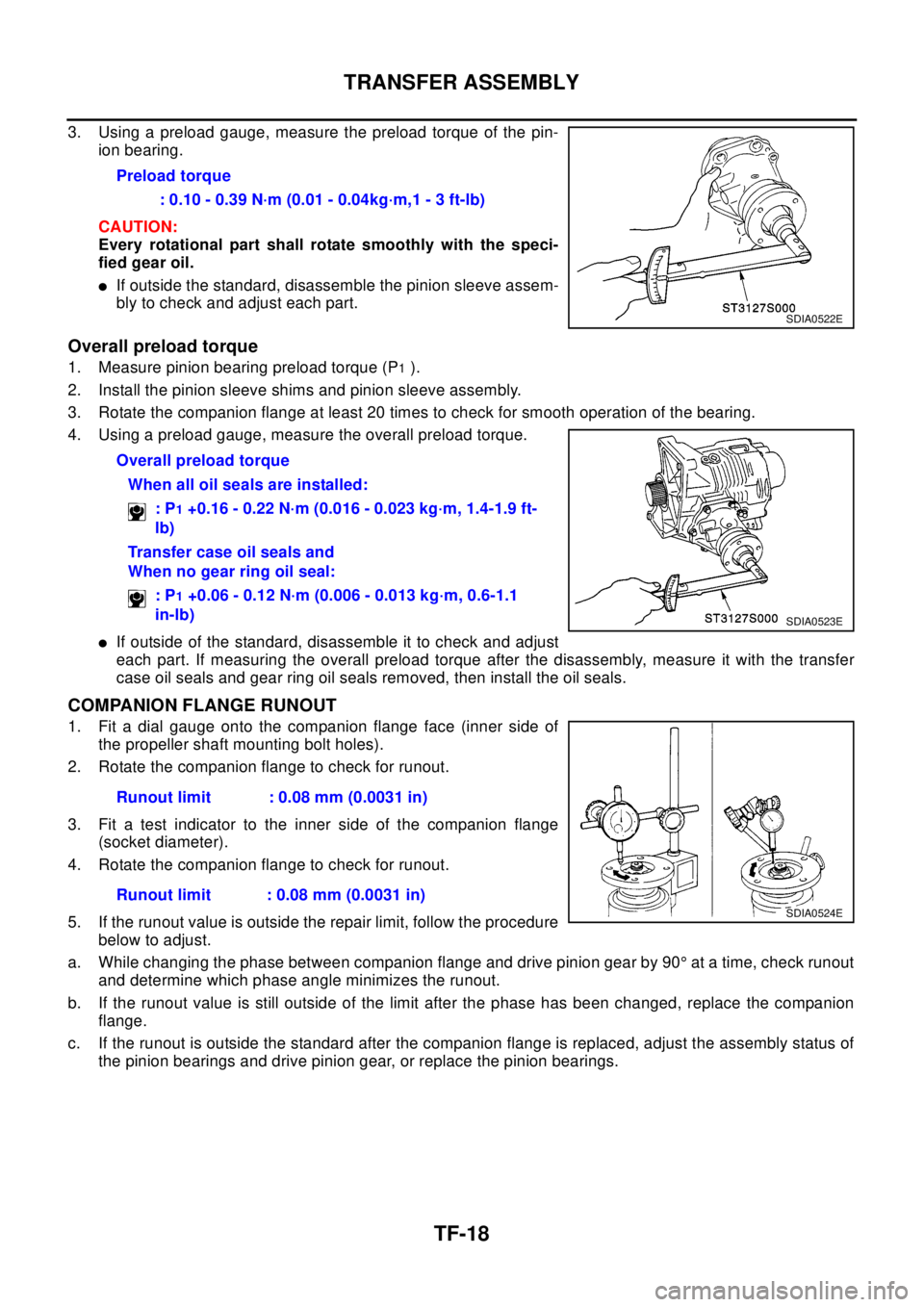 NISSAN X-TRAIL 2003  Electronic Repair Manual TF-18
TRANSFER ASSEMBLY
3. Using a preload gauge, measure the preload torque of the pin-
ion bearing.
CAUTION:
Every rotational part shall rotate smoothly with the speci-
fied gear oil.
lIf outside th