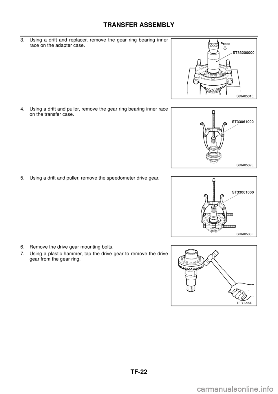 NISSAN X-TRAIL 2003 Electronic Repair Manual TF-22
TRANSFER ASSEMBLY
3. Using a drift and replacer, remove the gear ring bearing inner
race on the adapter case.
4. Using a drift and puller, remove the gear ring bearing inner race
on the transfer NISSAN X-TRAIL 2003 Electronic Repair Manual TF-22
TRANSFER ASSEMBLY
3. Using a drift and replacer, remove the gear ring bearing inner
race on the adapter case.
4. Using a drift and puller, remove the gear ring bearing inner race
on the transfer