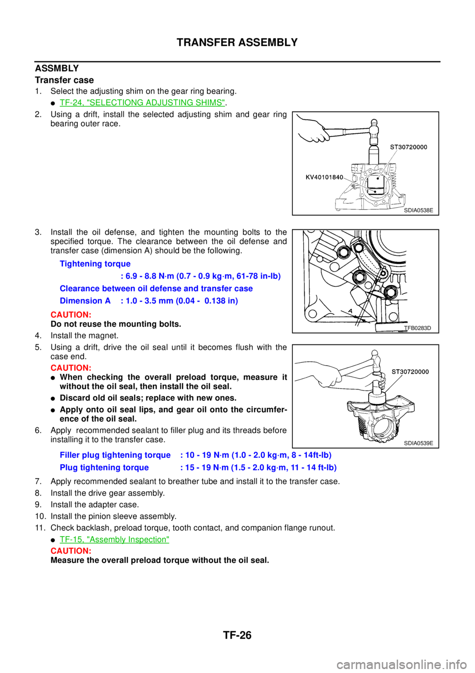 NISSAN X-TRAIL 2003 Electronic Repair Manual TF-26
TRANSFER ASSEMBLY
ASSMBLY
Transfer case
1. Select the adjusting shim on the gear ring bearing.
lTF-24, "SELECTIONG ADJUSTING SHIMS".
2. Using a drift, install the selected adjusting shim and gea NISSAN X-TRAIL 2003 Electronic Repair Manual TF-26
TRANSFER ASSEMBLY
ASSMBLY
Transfer case
1. Select the adjusting shim on the gear ring bearing.
lTF-24, "SELECTIONG ADJUSTING SHIMS".
2. Using a drift, install the selected adjusting shim and gea