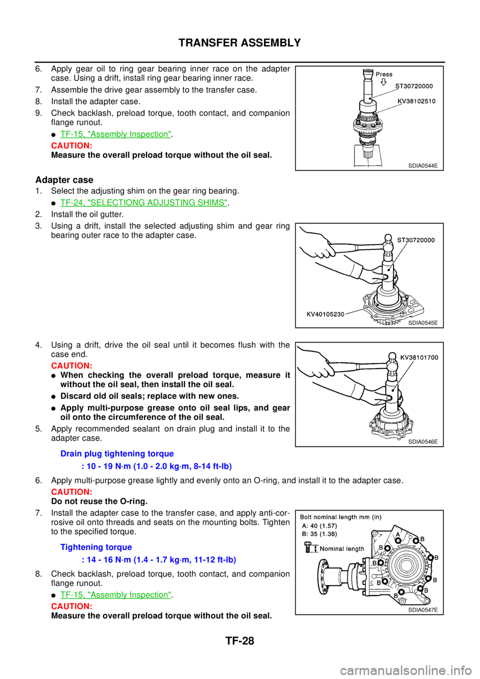 NISSAN X-TRAIL 2003 Electronic Repair Manual TF-28
TRANSFER ASSEMBLY
6. Apply gear oil to ring gear bearing inner race on the adapter
case. Using a drift, install ring gear bearing inner race.
7. Assemble the drive gear assembly to the transfer NISSAN X-TRAIL 2003 Electronic Repair Manual TF-28
TRANSFER ASSEMBLY
6. Apply gear oil to ring gear bearing inner race on the adapter
case. Using a drift, install ring gear bearing inner race.
7. Assemble the drive gear assembly to the transfer