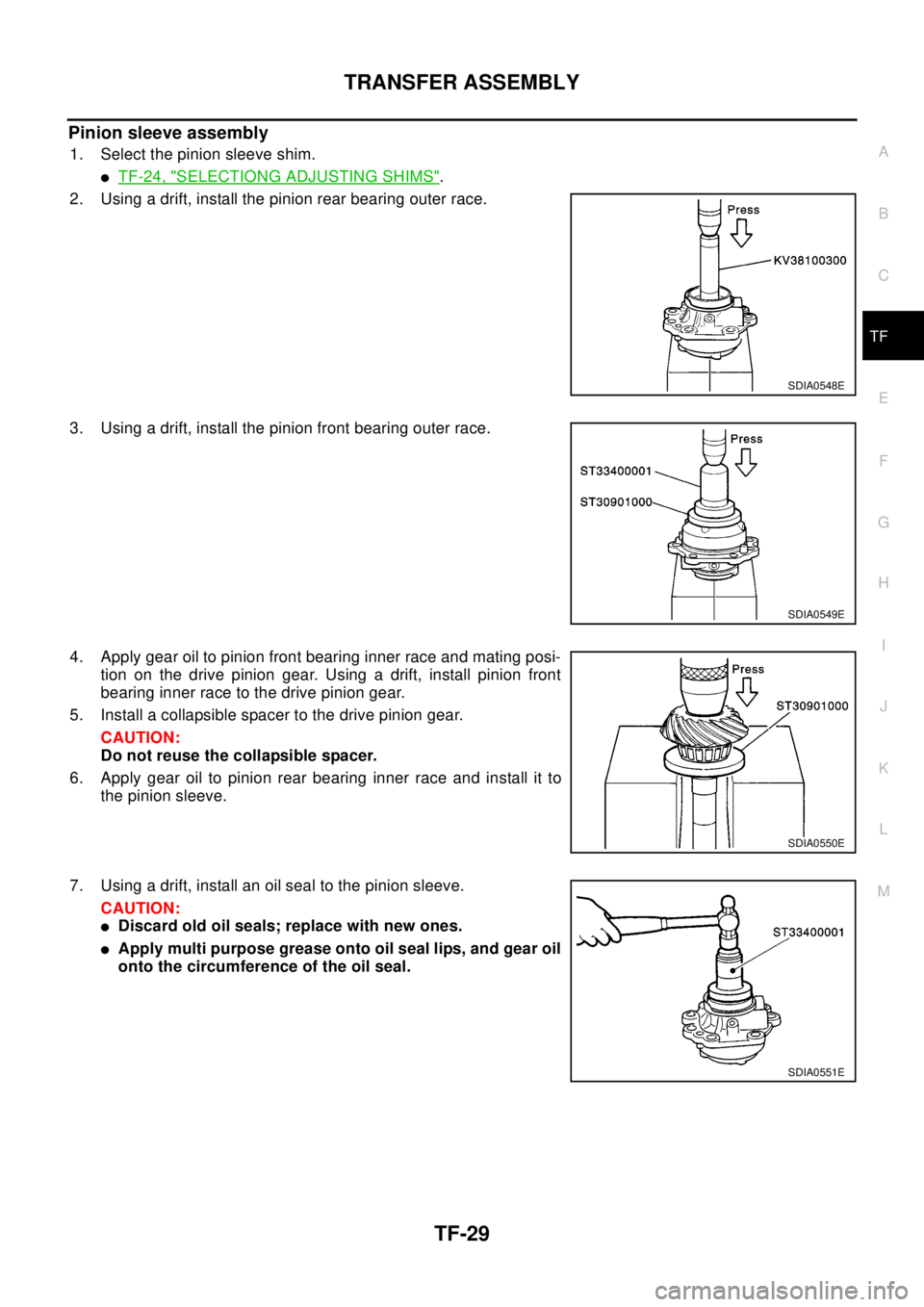 NISSAN X-TRAIL 2003 Electronic Repair Manual TRANSFER ASSEMBLY
TF-29
C
E
F
G
H
I
J
K
L
MA
B
TF
Pinion sleeve assembly
1. Select the pinion sleeve shim.
lTF-24, "SELECTIONG ADJUSTING SHIMS".
2. Using a drift, install the pinion rear bearing outer NISSAN X-TRAIL 2003 Electronic Repair Manual TRANSFER ASSEMBLY
TF-29
C
E
F
G
H
I
J
K
L
MA
B
TF
Pinion sleeve assembly
1. Select the pinion sleeve shim.
lTF-24, "SELECTIONG ADJUSTING SHIMS".
2. Using a drift, install the pinion rear bearing outer