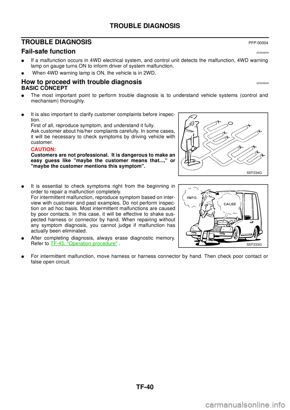 NISSAN X-TRAIL 2003 Electronic Repair Manual TF-40
TROUBLE DIAGNOSIS
TROUBLE DIAGNOSIS
PFP:00004
Fail-safe functionEDS000H4
lIf a malfunction occurs in 4WD electrical system, and control unit detects the malfunction, 4WD warning
lamp on gauge tu NISSAN X-TRAIL 2003 Electronic Repair Manual TF-40
TROUBLE DIAGNOSIS
TROUBLE DIAGNOSIS
PFP:00004
Fail-safe functionEDS000H4
lIf a malfunction occurs in 4WD electrical system, and control unit detects the malfunction, 4WD warning
lamp on gauge tu