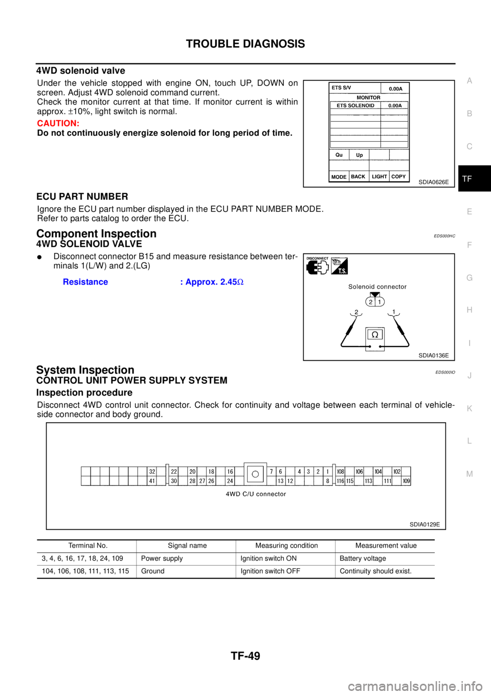 NISSAN X-TRAIL 2003 Electronic Repair Manual TROUBLE DIAGNOSIS
TF-49
C
E
F
G
H
I
J
K
L
MA
B
TF
4WD solenoid valve
Under the vehicle stopped with engine ON, touch UP, DOWN on
screen. Adjust 4WD solenoid command current.
Check the monitor current NISSAN X-TRAIL 2003 Electronic Repair Manual TROUBLE DIAGNOSIS
TF-49
C
E
F
G
H
I
J
K
L
MA
B
TF
4WD solenoid valve
Under the vehicle stopped with engine ON, touch UP, DOWN on
screen. Adjust 4WD solenoid command current.
Check the monitor current