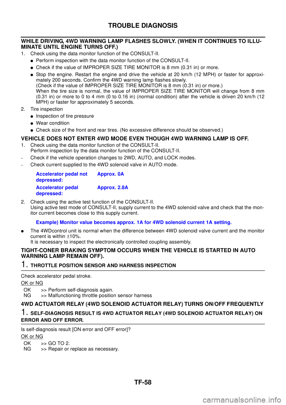 NISSAN X-TRAIL 2003  Electronic Repair Manual TF-58
TROUBLE DIAGNOSIS
WHILE DRIVING, 4WD WARNING LAMP FLASHES SLOWLY. (WHEN IT CONTINUES TO ILLU-
MINATE UNTIL ENGINE TURNS OFF.)
1. Check using the data monitor function of the CONSULT-II.
lPerform