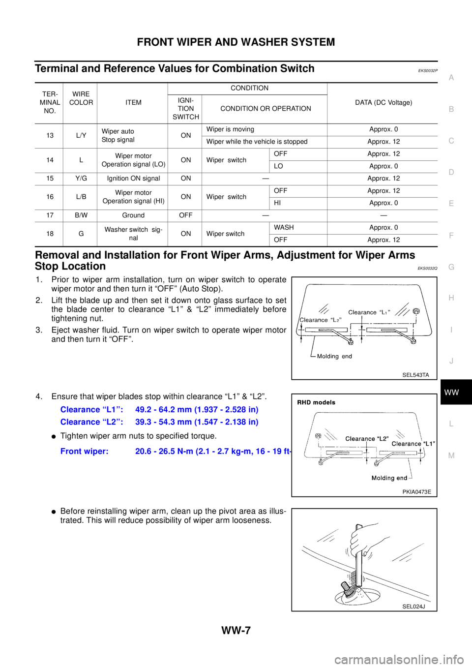 NISSAN X-TRAIL 2003  Electronic Repair Manual FRONT WIPER AND WASHER SYSTEM
WW-7
C
D
E
F
G
H
I
J
L
MA
B
WW
Terminal and Reference Values for Combination SwitchEKS0032P
Removal and Installation for Front Wiper Arms, Adjustment for Wiper Arms
Stop 