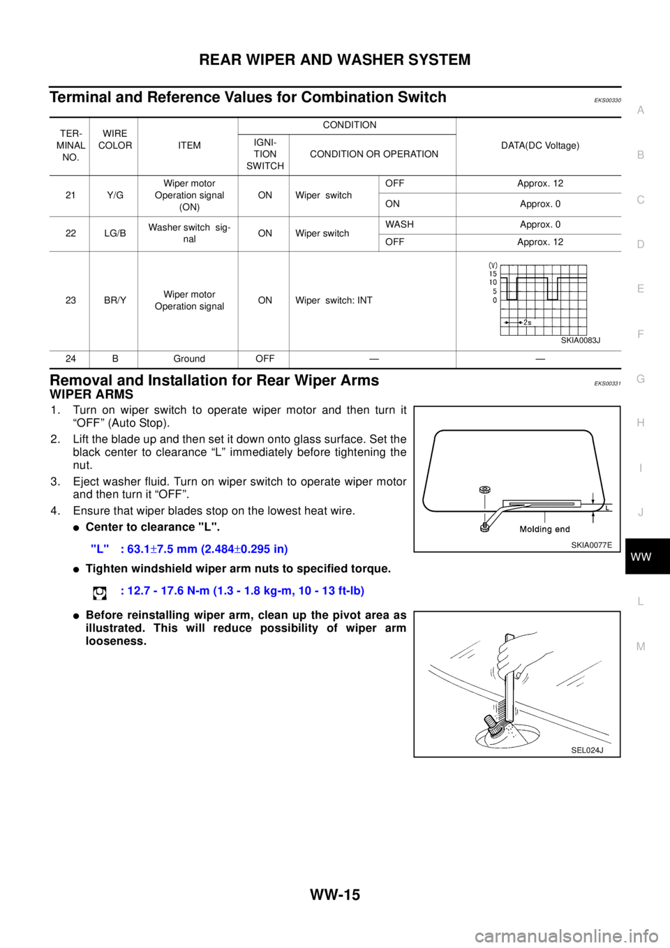 NISSAN X-TRAIL 2003  Electronic Repair Manual REAR WIPER AND WASHER SYSTEM
WW-15
C
D
E
F
G
H
I
J
L
MA
B
WW
Terminal and Reference Values for Combination SwitchEKS00330
Removal and Installation for Rear Wiper ArmsEKS00331
WIPER ARMS
1. Turn on wip