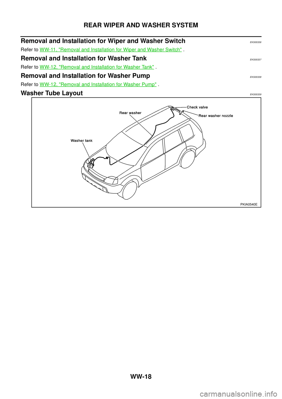 NISSAN X-TRAIL 2003  Electronic Repair Manual WW-18
REAR WIPER AND WASHER SYSTEM
Removal and Installation for Wiper and Washer Switch
EKS00336
Refer toWW-11, "Removal and Installation for Wiper and Washer Switch".
Removal and Installation for Was
