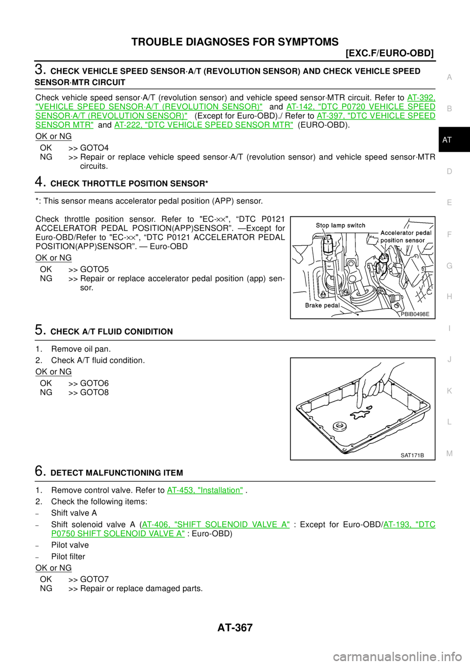 NISSAN X-TRAIL 2003  Electronic Repair Manual TROUBLE DIAGNOSES FOR SYMPTOMS
AT-367
[EXC.F/EURO-OBD]
D
E
F
G
H
I
J
K
L
MA
B
AT
3.CHECK VEHICLE SPEED SENSOR·A/T (REVOLUTION SENSOR) AND CHECK VEHICLE SPEED
SENSOR·MTR CIRCUIT
Check vehicle speed s