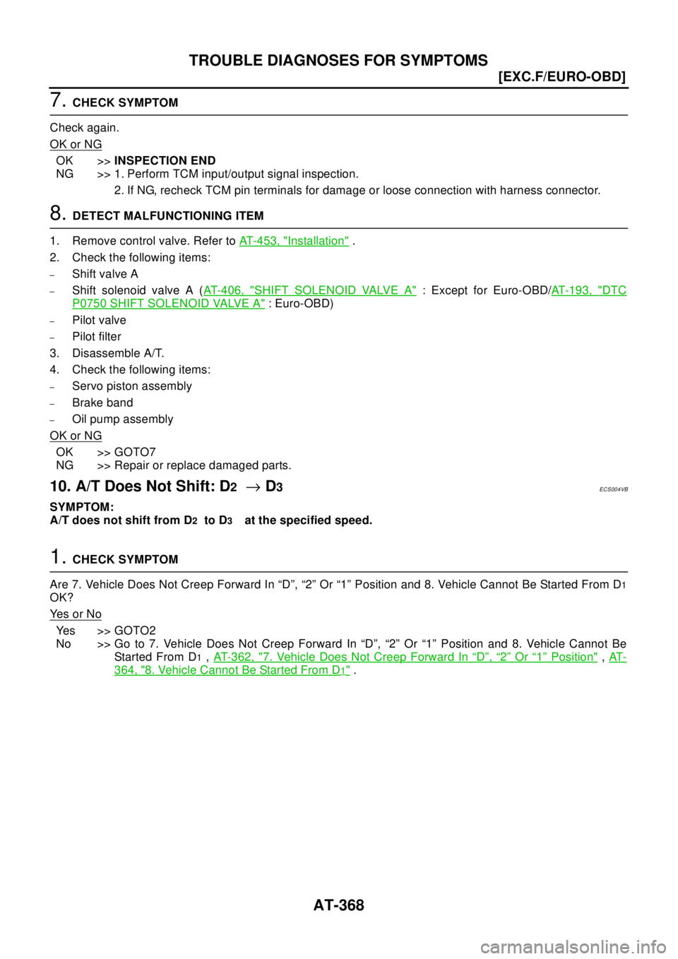 NISSAN X-TRAIL 2003  Electronic Repair Manual AT-368
[EXC.F/EURO-OBD]
TROUBLE DIAGNOSES FOR SYMPTOMS
7.CHECK SYMPTOM
Check again.
OK or NG
OK >>INSPECTION END
NG >> 1. Perform TCM input/output signal inspection.
2. If NG, recheck TCM pin terminal