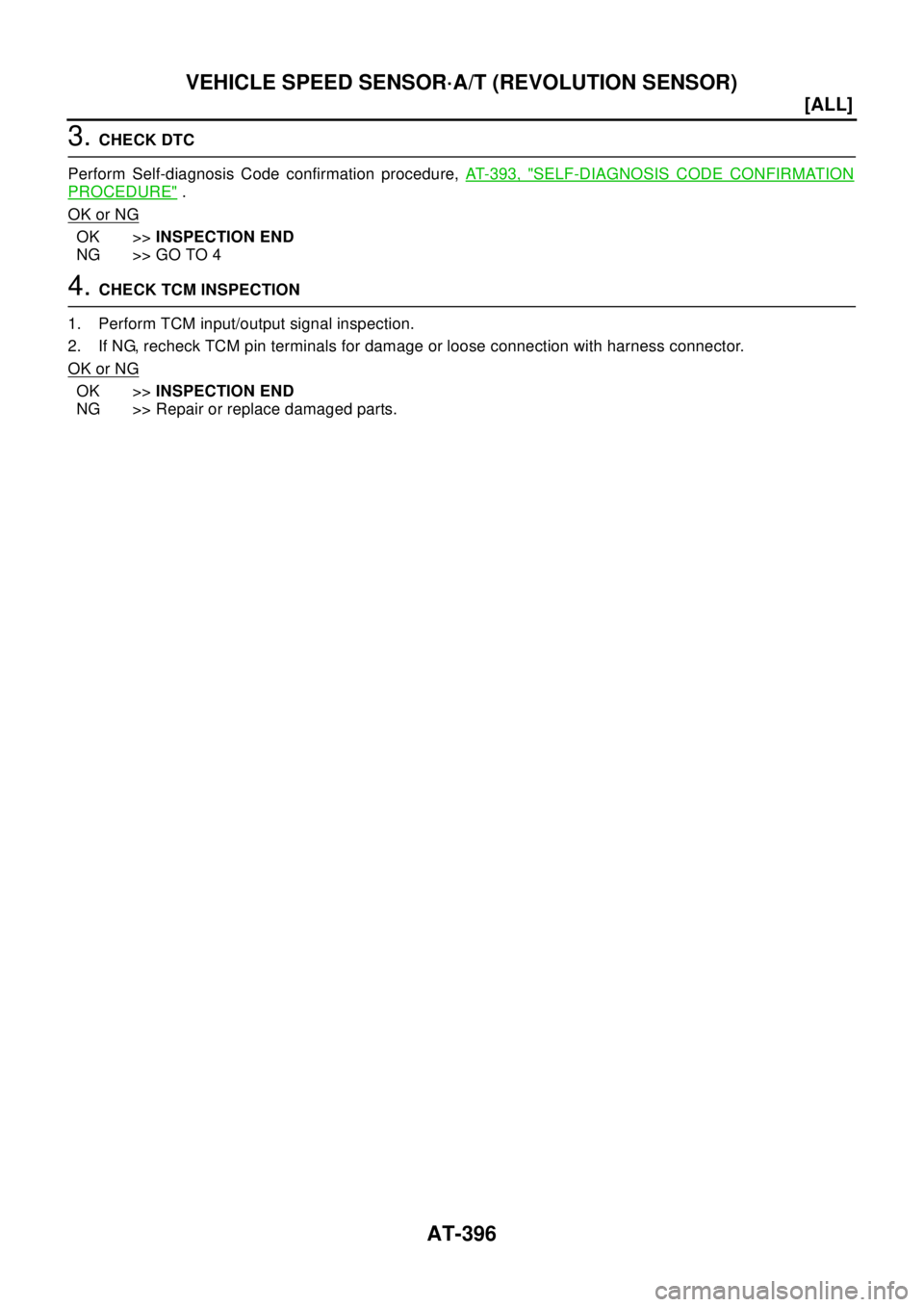 NISSAN X-TRAIL 2003  Electronic Repair Manual AT-396
[ALL]
VEHICLE SPEED SENSOR·A/T (REVOLUTION SENSOR)
3.CHECK DTC
Perform Self-diagnosis Code confirmation procedure,AT-393, "
SELF-DIAGNOSIS CODE CONFIRMATION
PROCEDURE".
OK or NG
OK >>INSPECTIO