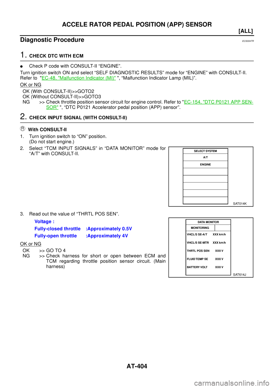 NISSAN X-TRAIL 2003  Electronic Repair Manual AT-404
[ALL]
ACCELE RATOR PEDAL POSITION (APP) SENSOR
Diagnostic Procedure
ECS004TR
1.CHECK DTC WITH ECM
lCheck P code with CONSULT-II “ENGINE”.
Turn ignition switch ON and select “SELF DIAGNOST