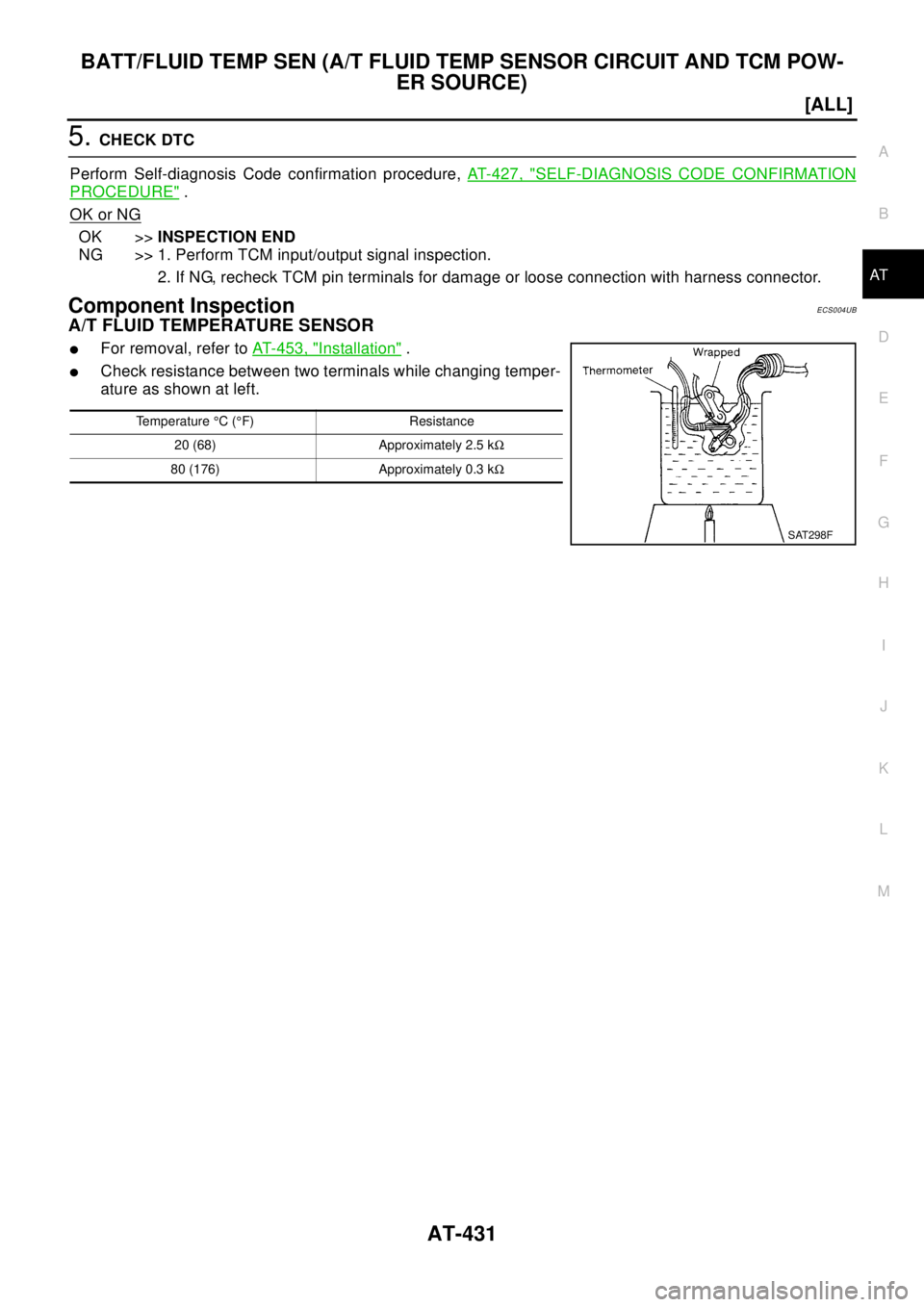 NISSAN X-TRAIL 2003  Electronic Repair Manual BATT/FLUID TEMP SEN (A/T FLUID TEMP SENSOR CIRCUIT AND TCM POW-
ER SOURCE)
AT-431
[ALL]
D
E
F
G
H
I
J
K
L
MA
B
AT
5.CHECK DTC
Perform Self-diagnosis Code confirmation procedure,AT-427, "
SELF-DIAGNOSI