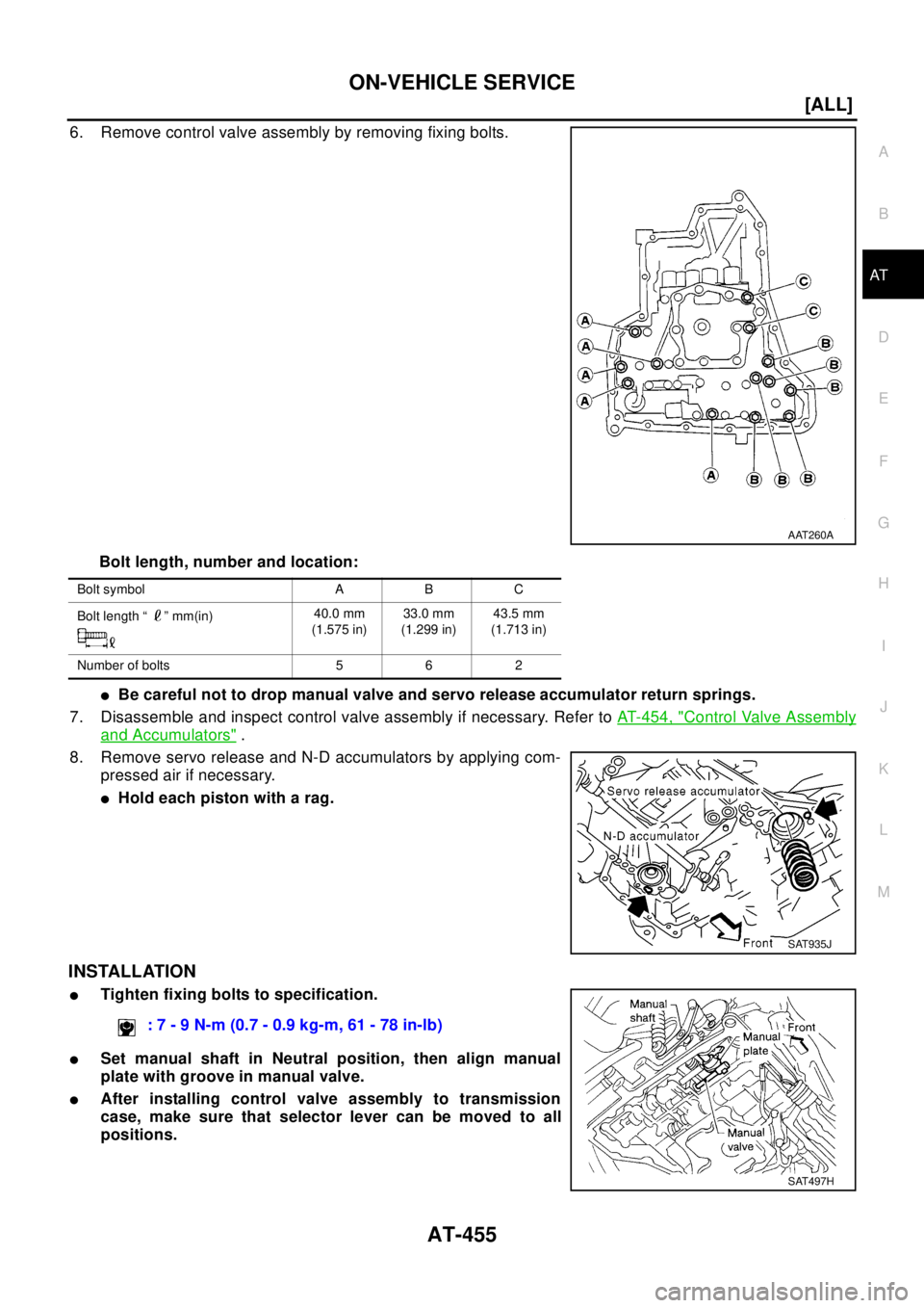 NISSAN X-TRAIL 2003  Electronic Repair Manual ON-VEHICLE SERVICE
AT-455
[ALL]
D
E
F
G
H
I
J
K
L
MA
B
AT
6. Remove control valve assembly by removing fixing bolts.
Bolt length, number and location:
lBe careful not to drop manual valve and servo re