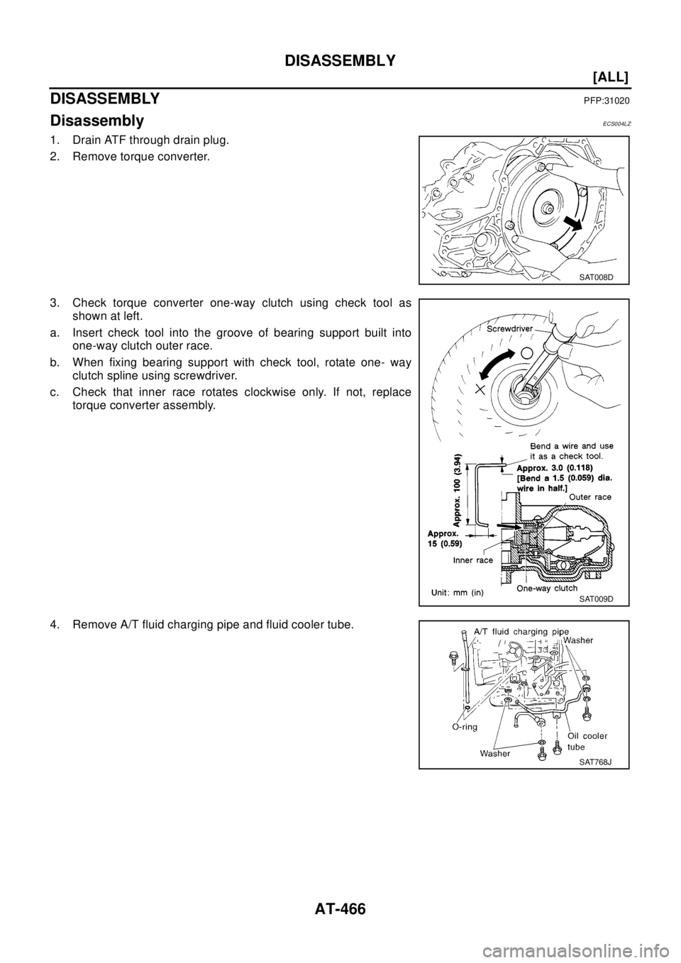 NISSAN X-TRAIL 2003  Electronic Repair Manual AT-466
[ALL]
DISASSEMBLY
DISASSEMBLY
PFP:31020
DisassemblyECS004LZ
1. Drain ATF through drain plug.
2. Remove torque converter.
3. Check torque converter one-way clutch using check tool as
shown at le