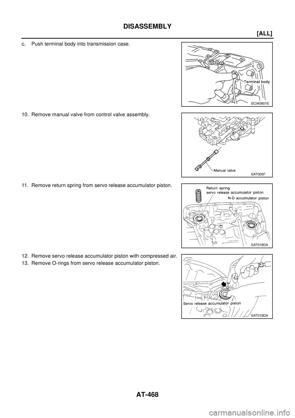 NISSAN X-TRAIL 2003  Electronic Repair Manual AT-468
[ALL]
DISASSEMBLY
c. Push terminal body into transmission case.
10. Remove manual valve from control valve assembly.
11. Remove return spring from servo release accumulator piston.
12. Remove s