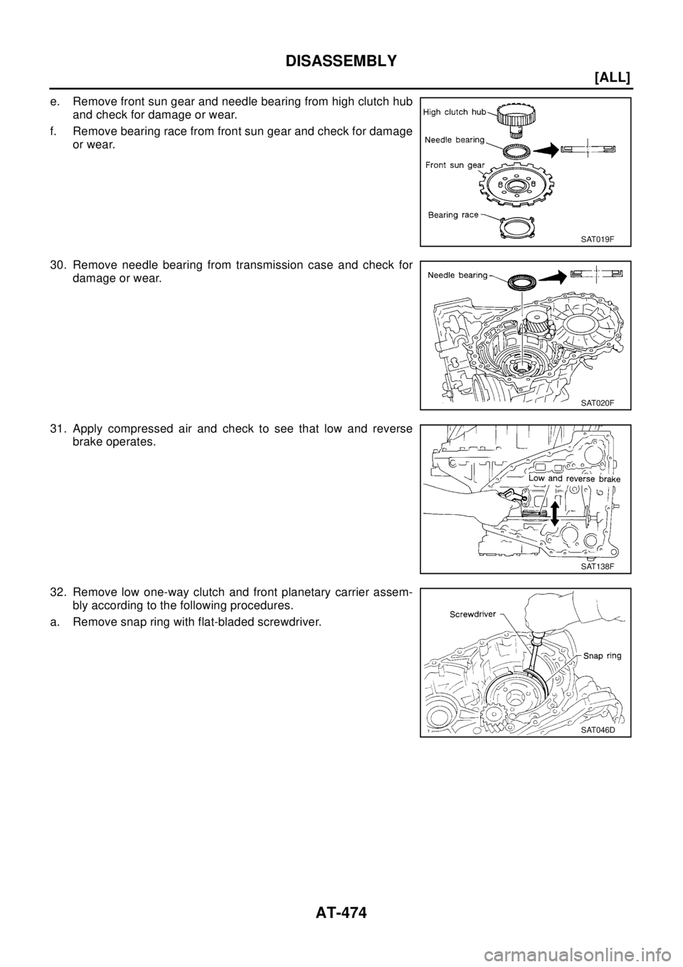 NISSAN X-TRAIL 2003  Electronic Repair Manual AT-474
[ALL]
DISASSEMBLY
e. Remove front sun gear and needle bearing from high clutch hub
and check for damage or wear.
f. Remove bearing race from front sun gear and check for damage
or wear.
30. Rem