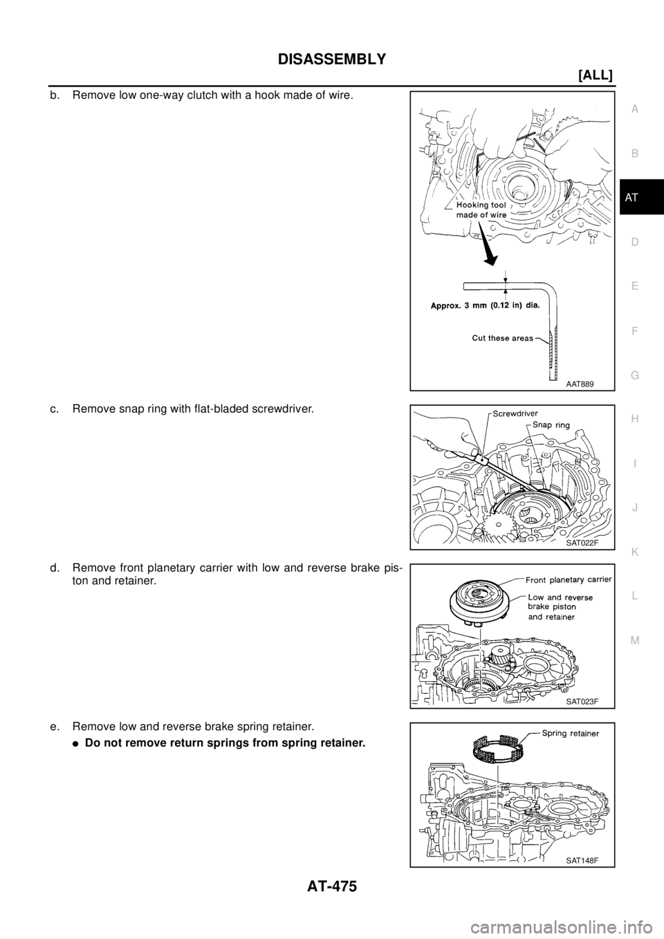 NISSAN X-TRAIL 2003  Electronic Repair Manual DISASSEMBLY
AT-475
[ALL]
D
E
F
G
H
I
J
K
L
MA
B
AT
b. Remove low one-way clutch with a hook made of wire.
c. Remove snap ring with flat-bladed screwdriver.
d. Remove front planetary carrier with low a