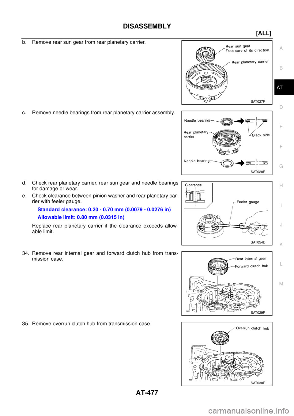 NISSAN X-TRAIL 2003  Electronic Repair Manual DISASSEMBLY
AT-477
[ALL]
D
E
F
G
H
I
J
K
L
MA
B
AT
b. Remove rear sun gear from rear planetary carrier.
c. Remove needle bearings from rear planetary carrier assembly.
d. Check rear planetary carrier,