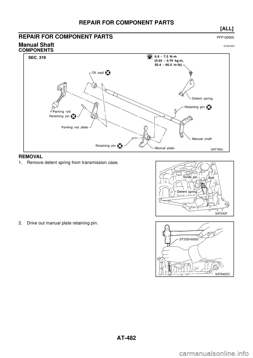NISSAN X-TRAIL 2003  Electronic Repair Manual AT-482
[ALL]
REPAIR FOR COMPONENT PARTS
REPAIR FOR COMPONENT PARTS
PFP:00000
Manual ShaftECS004M0
COMPONENTS
REMOVAL
1. Remove detent spring from transmission case.
2. Drive out manual plate retaining