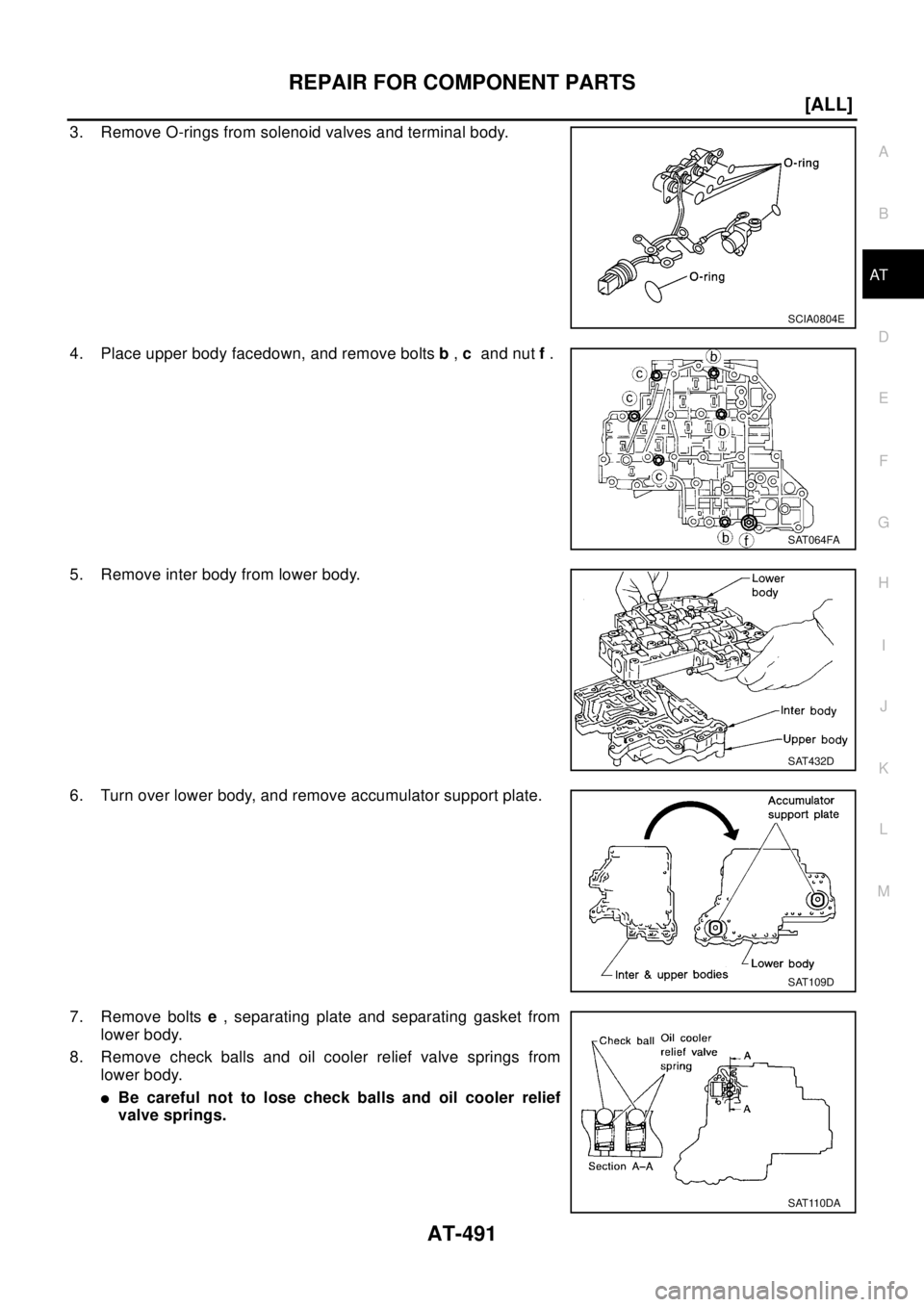 NISSAN X-TRAIL 2003  Electronic Repair Manual REPAIR FOR COMPONENT PARTS
AT-491
[ALL]
D
E
F
G
H
I
J
K
L
MA
B
AT
3. Remove O-rings from solenoid valves and terminal body.
4. Place upper body facedown, and remove boltsb,cand nutf.
5. Remove inter b