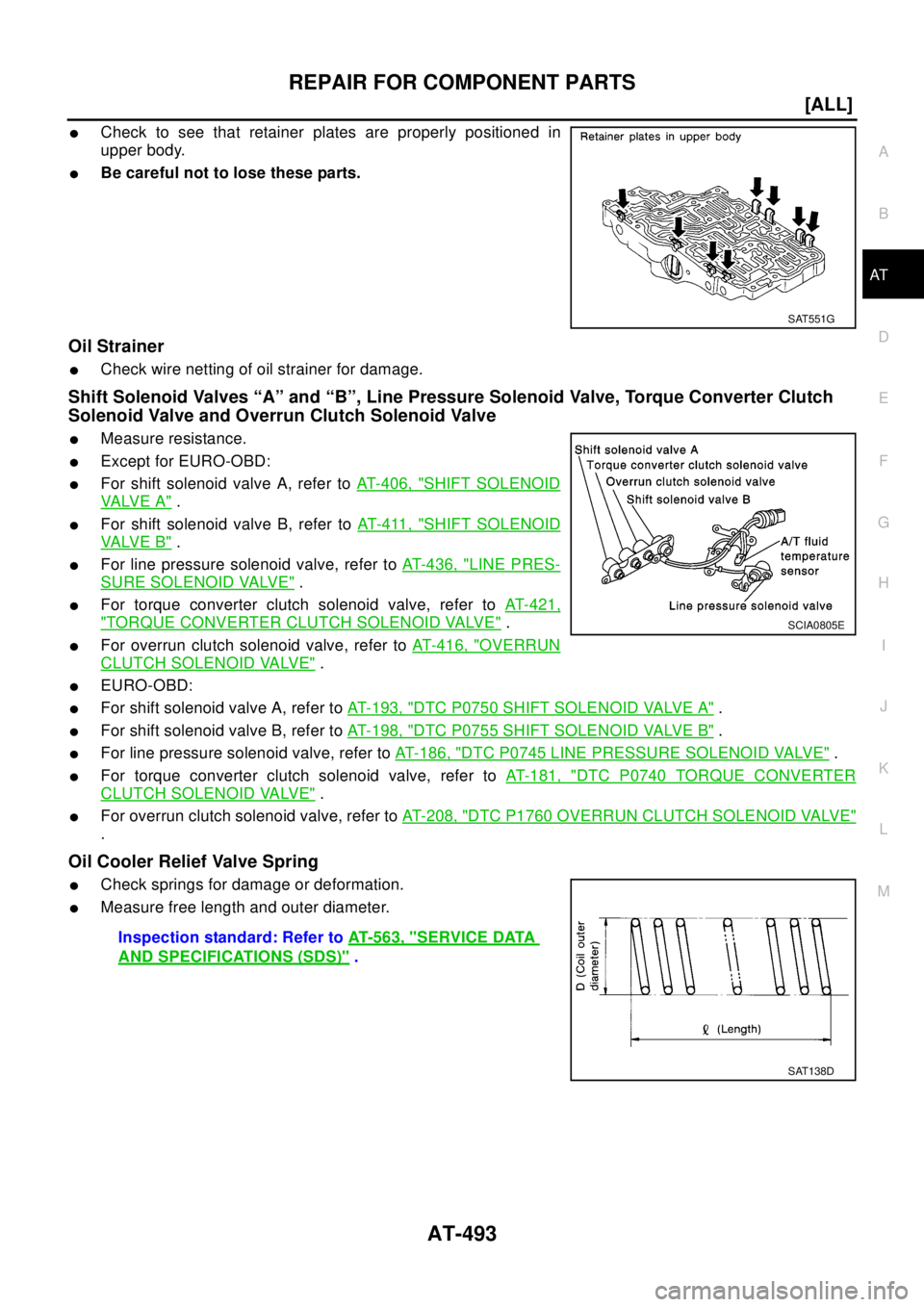 NISSAN X-TRAIL 2003  Electronic Repair Manual REPAIR FOR COMPONENT PARTS
AT-493
[ALL]
D
E
F
G
H
I
J
K
L
MA
B
AT
lCheck to see that retainer plates are properly positioned in
upper body.
lBe careful not to lose these parts.
Oil Strainer
lCheck wir