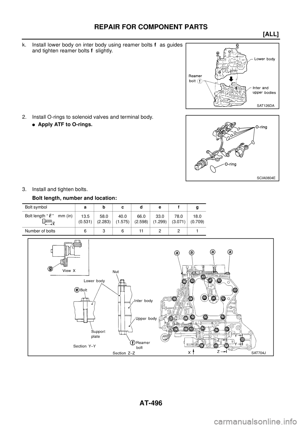 NISSAN X-TRAIL 2003  Electronic Repair Manual AT-496
[ALL]
REPAIR FOR COMPONENT PARTS
k. Install lower body on inter body using reamer boltsfas guides
and tighten reamer boltsfslightly.
2. Install O-rings to solenoid valves and terminal body.
lAp