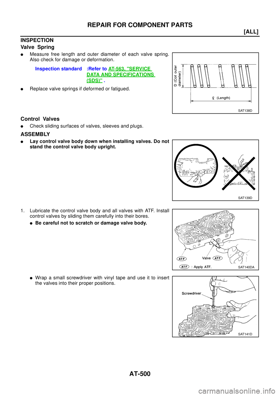 NISSAN X-TRAIL 2003  Electronic Repair Manual AT-500
[ALL]
REPAIR FOR COMPONENT PARTS
INSPECTION
Valve Spring
lMeasure free length and outer diameter of each valve spring.
Also check for damage or deformation.
lReplace valve springs if deformed o