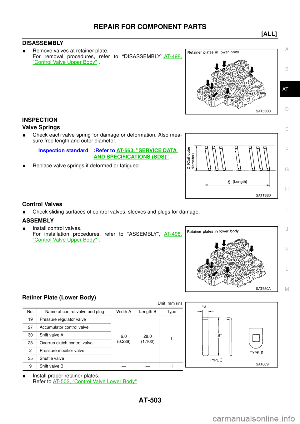 NISSAN X-TRAIL 2003  Electronic Repair Manual REPAIR FOR COMPONENT PARTS
AT-503
[ALL]
D
E
F
G
H
I
J
K
L
MA
B
AT
DISASSEMBLY
lRemove valves at retainer plate.
For removal procedures, refer to “DISASSEMBLY”,AT-498,
"Control Valve Upper Body".
I