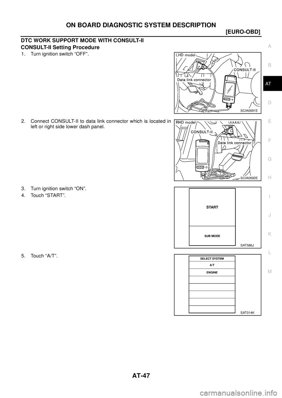 NISSAN X-TRAIL 2003  Electronic Workshop Manual ON BOARD DIAGNOSTIC SYSTEM DESCRIPTION
AT-47
[EURO-OBD]
D
E
F
G
H
I
J
K
L
MA
B
AT
DTC WORK SUPPORT MODE WITH CONSULT-II
CONSULT-II Setting Procedure
1. Turn ignition switch “OFF”.
2. Connect CONSU